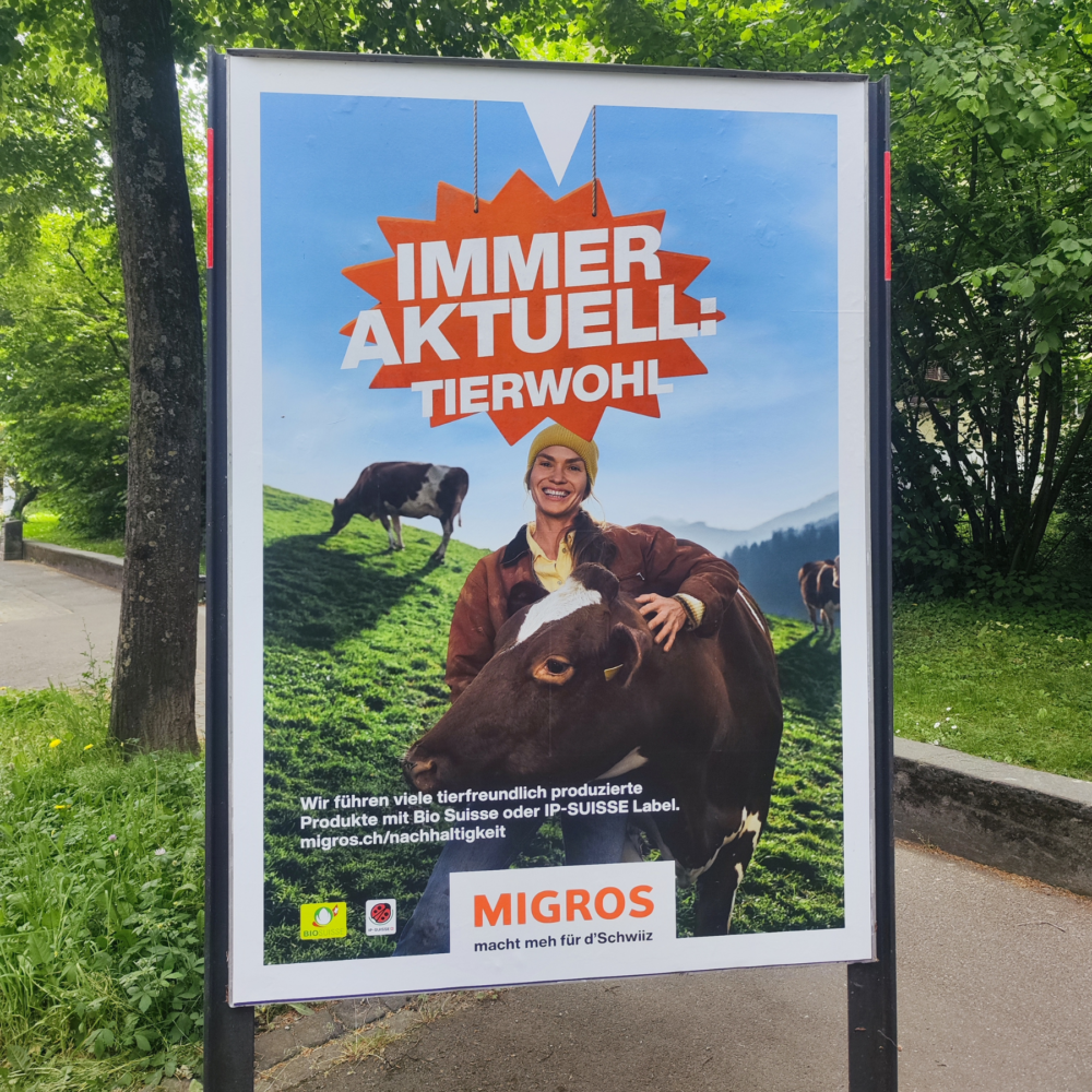 Ein Plakat mit dem Migros-Sujet hochkant.
